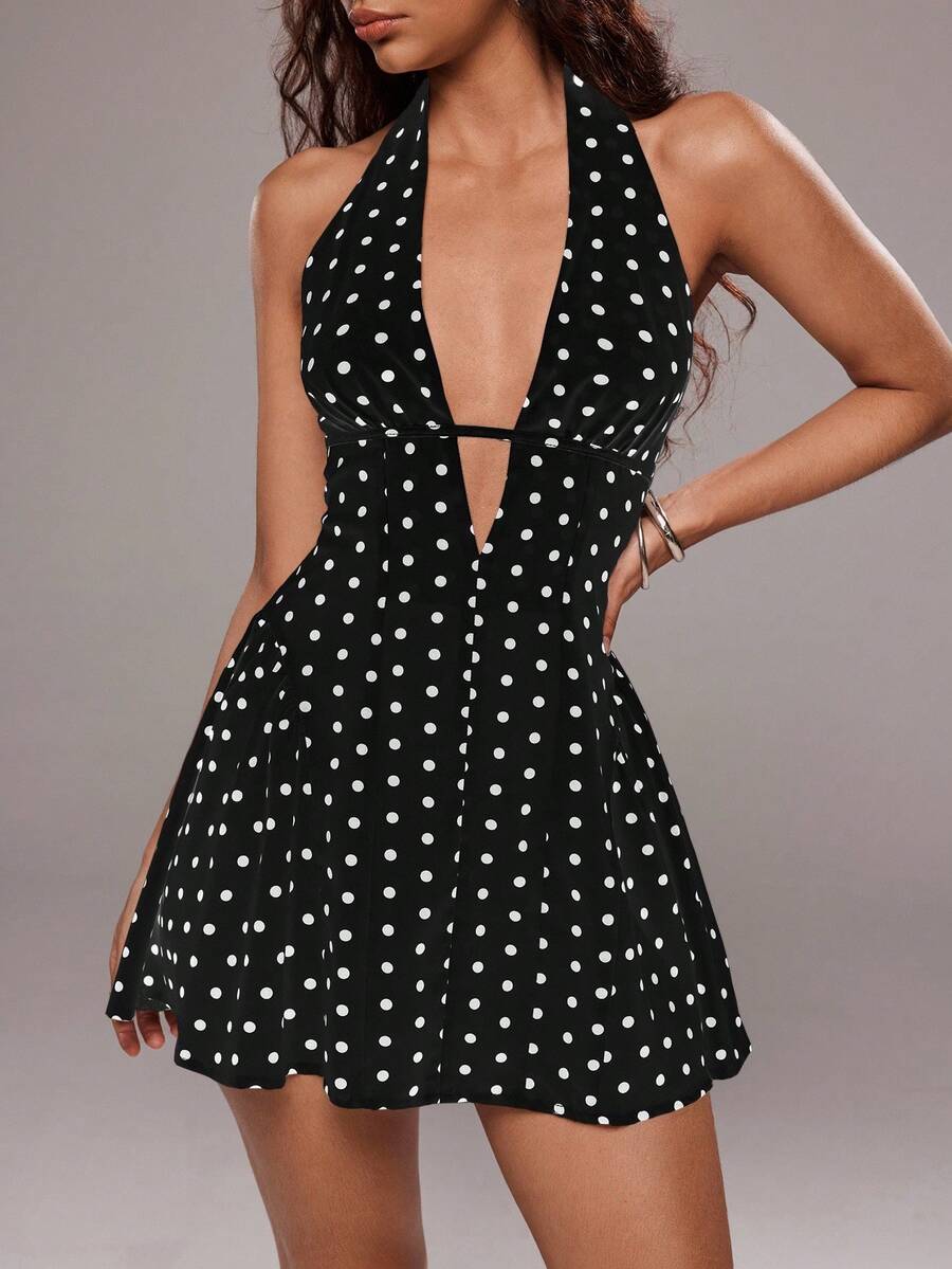TRNVIE Vestido corto con escote en V y espalda descubierta con estampado de lunares para mujer