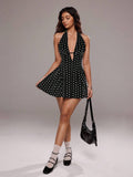 TRNVIE Vestido corto con escote en V y espalda descubierta con estampado de lunares para mujer