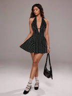TRNVIE Vestido corto con escote en V y espalda descubierta con estampado de lunares para mujer
