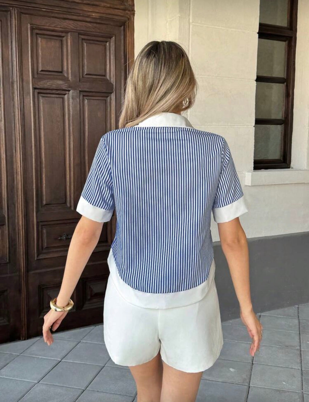 Pariaura Camisa casual de mujer con cuello de solapa, bolsillo y mangas cortas, en diseño de patchwork a rayas y contraste de color