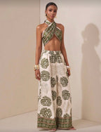 Zivah Conjunto de 2 piezas: Top bandeau sin espalda y pantalones de pierna recta con bolsillos y estampado de flores, color verde, versátil para uso casual, vacaciones, playa, viajes, fiestas, eventos, uso diario y negocios casuales