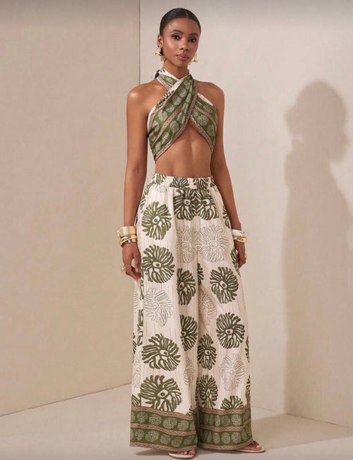 Zivah Conjunto de 2 piezas: Top bandeau sin espalda y pantalones de pierna recta con bolsillos y estampado de flores, color verde, versátil para uso casual, vacaciones, playa, viajes, fiestas, eventos, uso diario y negocios casuales