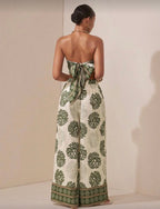 Zivah Conjunto de 2 piezas: Top bandeau sin espalda y pantalones de pierna recta con bolsillos y estampado de flores, color verde, versátil para uso casual, vacaciones, playa, viajes, fiestas, eventos, uso diario y negocios casuales