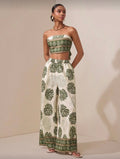 Zivah Conjunto de 2 piezas: Top bandeau sin espalda y pantalones de pierna recta con bolsillos y estampado de flores, color verde, versátil para uso casual, vacaciones, playa, viajes, fiestas, eventos, uso diario y negocios casuales