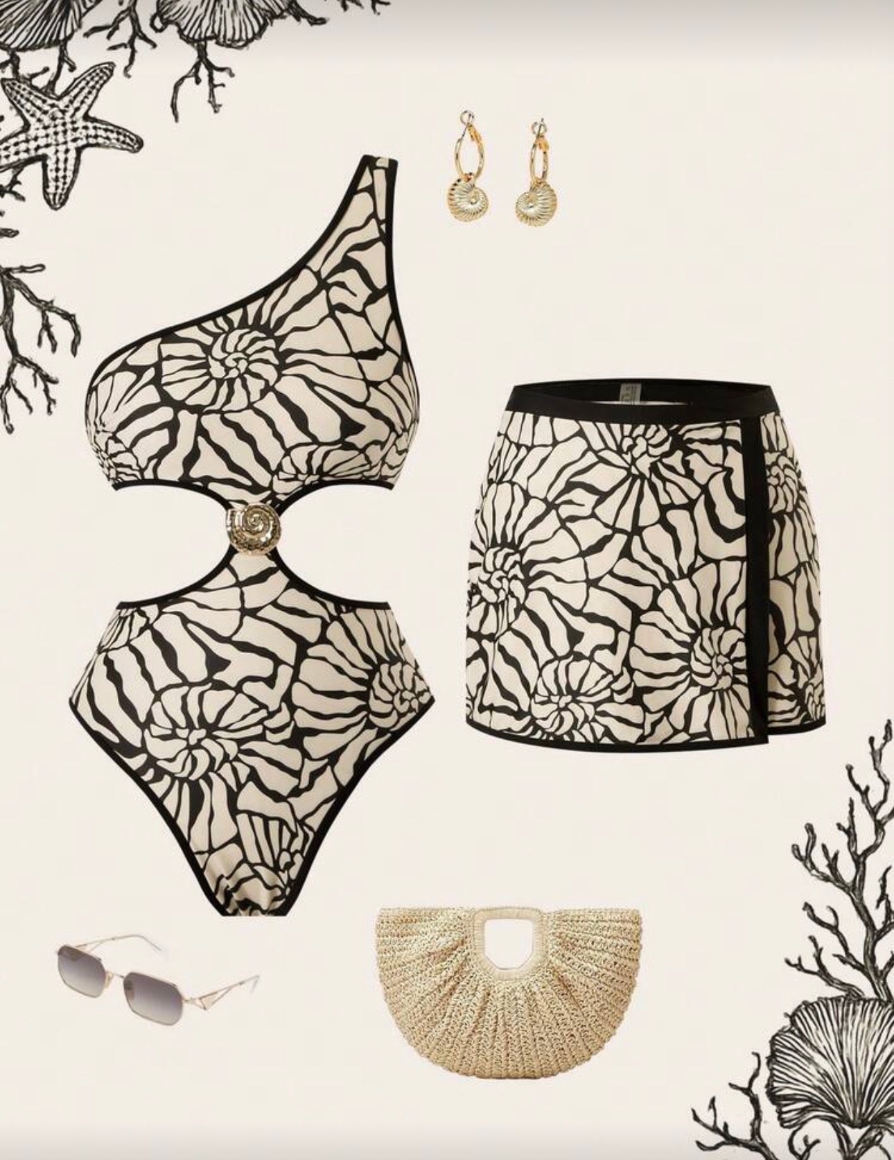 Swim Oasis 1 pieza Traje de baño de una sola pieza para mujer + 1 pieza Falda Conjunto de 2 piezas, Asimétrico con hombro descubierto, Traje de baño de moda casual para resort, Primavera/Verano/Otoño