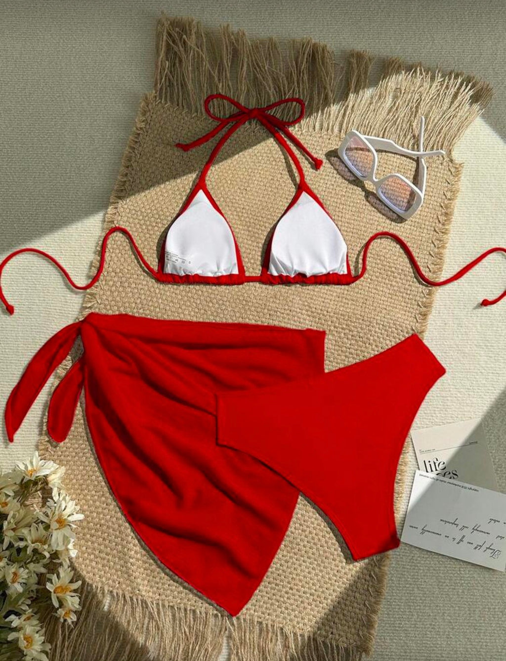 Swim Vcay Conjunto de 3 piezas de traje de baño de bikini de unicolor y estilo sexy de halter para mujeres, conjunto de traje de baño, para vacaciones de verano en la playa