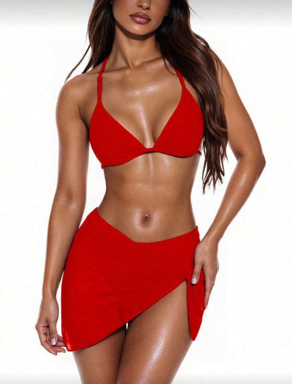 Swim Vcay Conjunto de 3 piezas de traje de baño de bikini de unicolor y estilo sexy de halter para mujeres, conjunto de traje de baño, para vacaciones de verano en la playa
