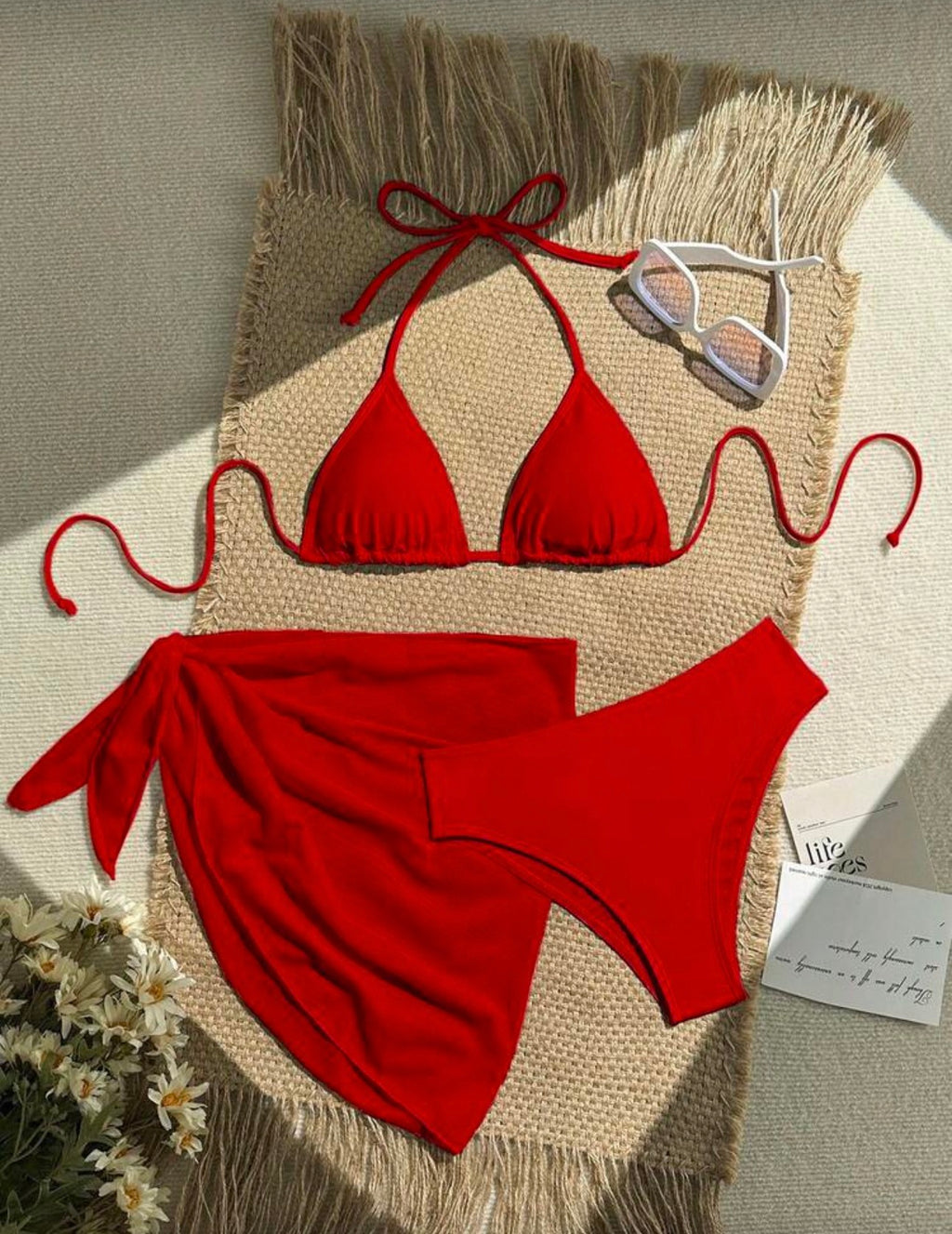 Swim Vcay Conjunto de 3 piezas de traje de baño de bikini de unicolor y estilo sexy de halter para mujeres, conjunto de traje de baño, para vacaciones de verano en la playa