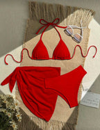 Swim Vcay Conjunto de 3 piezas de traje de baño de bikini de unicolor y estilo sexy de halter para mujeres, conjunto de traje de baño, para vacaciones de verano en la playa